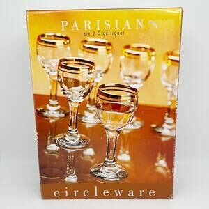 New in Box Set of 6 Circleware Parisian Gold Trim 2.5oz Liquor Cordial Glasses